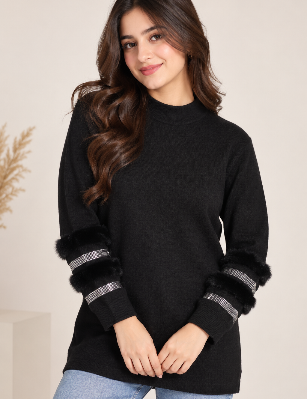 Shop QUIZ Women’s Black Faux Fur Sleeve Jumper in UK Size S, featuring sparkling sleeve details and a stylish high neck. Premium UK fashion.