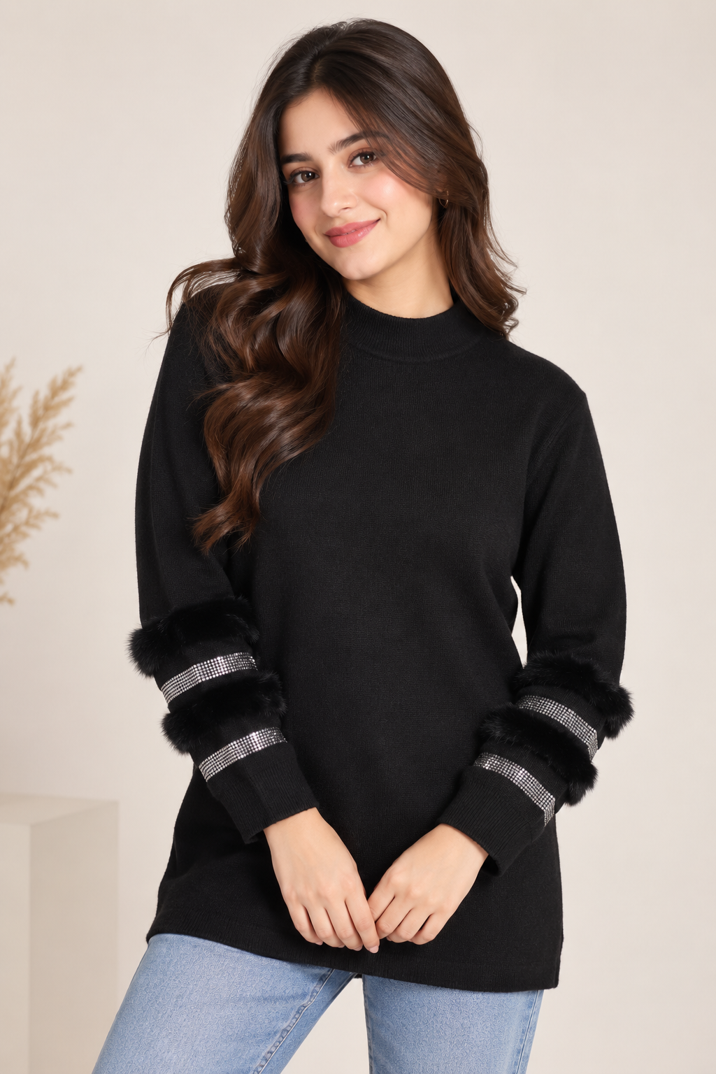 Shop QUIZ Women’s Black Faux Fur Sleeve Jumper in UK Size S, featuring sparkling sleeve details and a stylish high neck. Premium UK fashion.