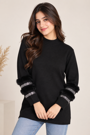 Shop QUIZ Women’s Black Faux Fur Sleeve Jumper in UK Size S, featuring sparkling sleeve details and a stylish high neck. Premium UK fashion.