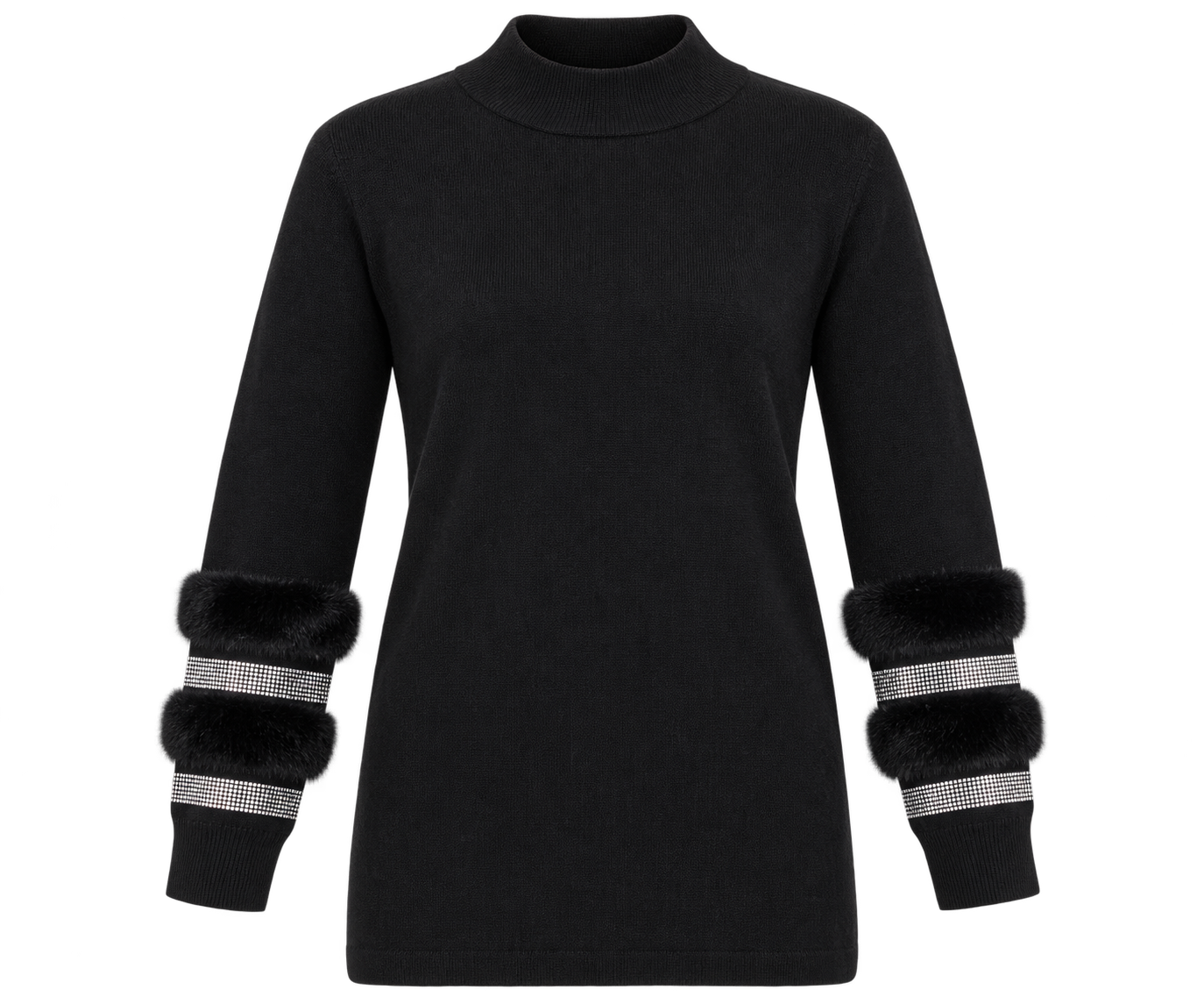  QUIZ Women’s Black Faux Fur Sleeve Jumper in UK Size S, featuring sparkling sleeve details and a stylish high neck. Premium UK fashion.