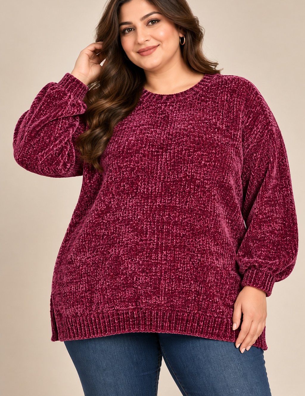   Rainbow women’s burgundy chenille oversized jumper in UK Size XL. Soft textured knit, relaxed fit and cosy long sleeves for stylish winter wear.