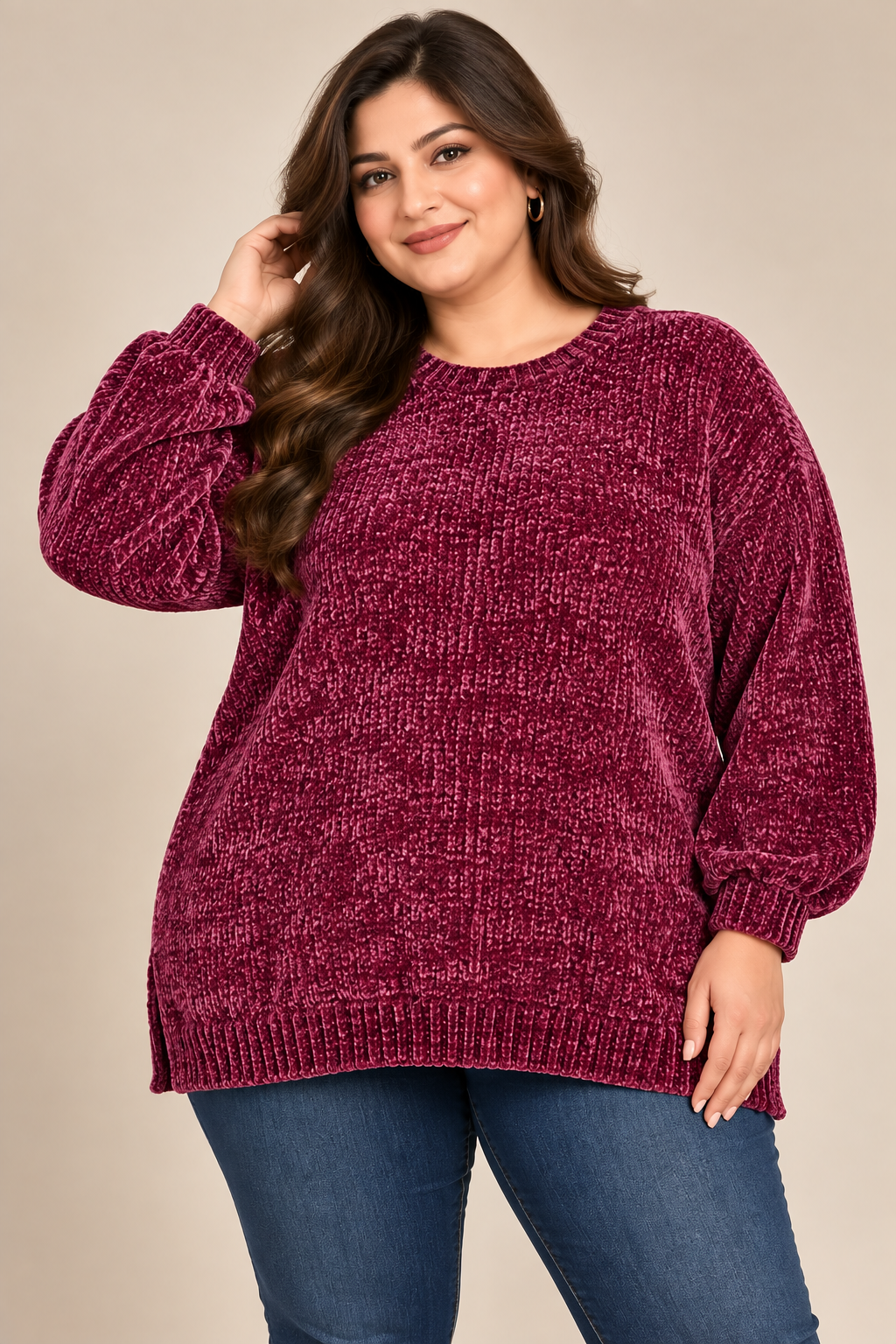   Rainbow women’s burgundy chenille oversized jumper in UK Size XL. Soft textured knit, relaxed fit and cosy long sleeves for stylish winter wear.