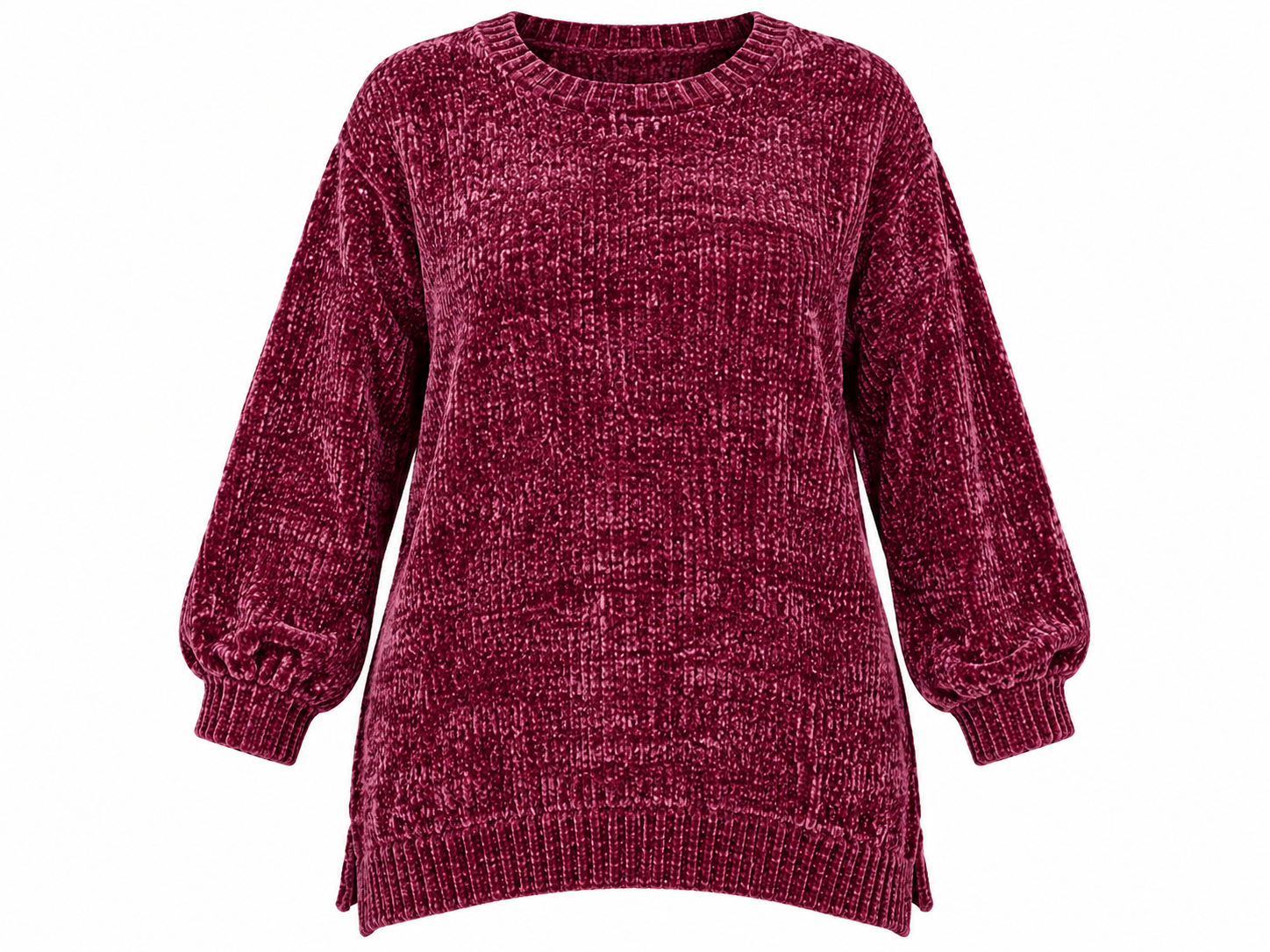   Rainbow women’s burgundy chenille oversized jumper in UK Size XL. Soft textured knit, relaxed fit and cosy long sleeves for stylish winter wear.