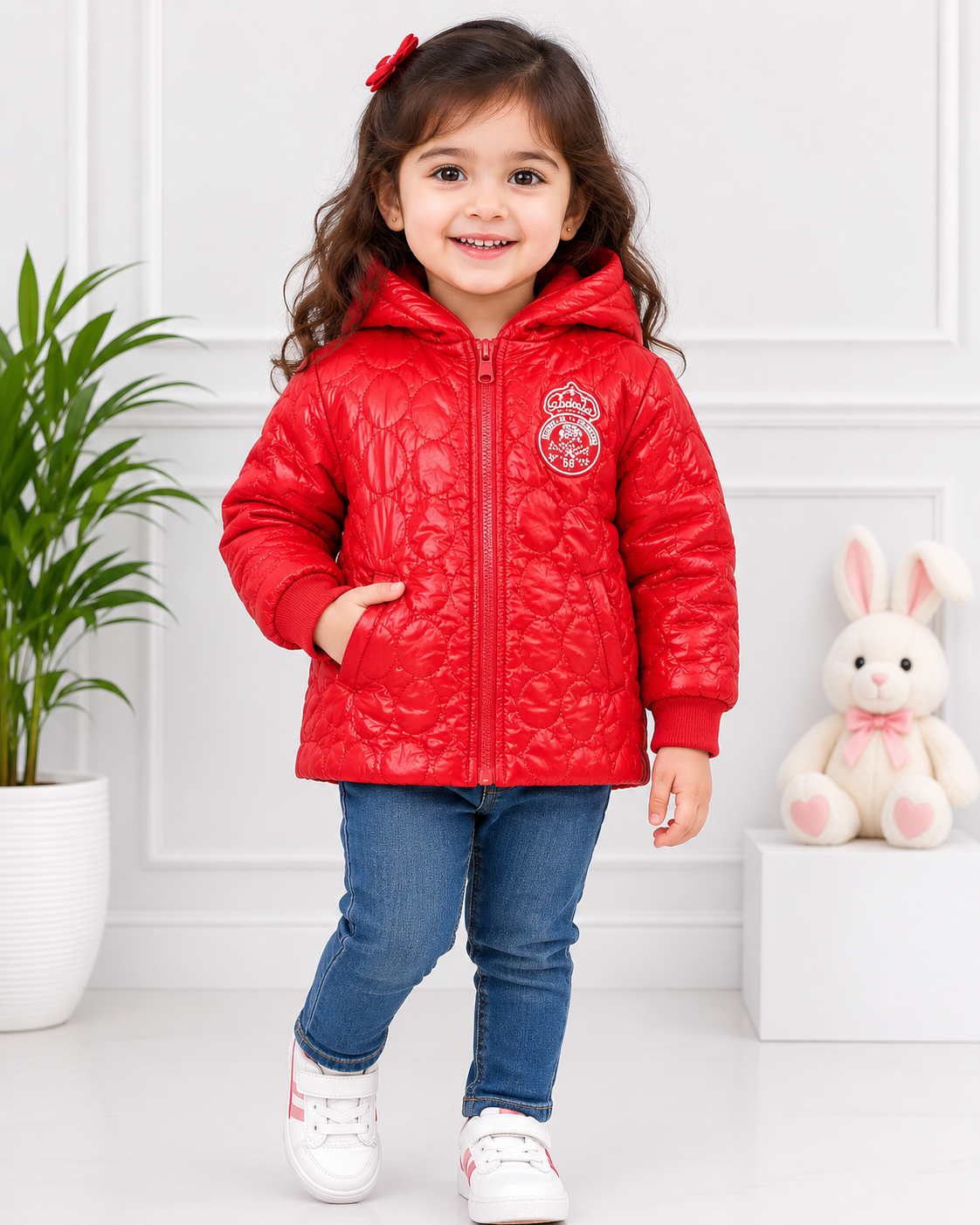 Rassa Kids Red Hooded Quilted Jacket in UK size 3–4 years. Stylish and cosy children's jacket with quilted design, hood and full zip fastening.