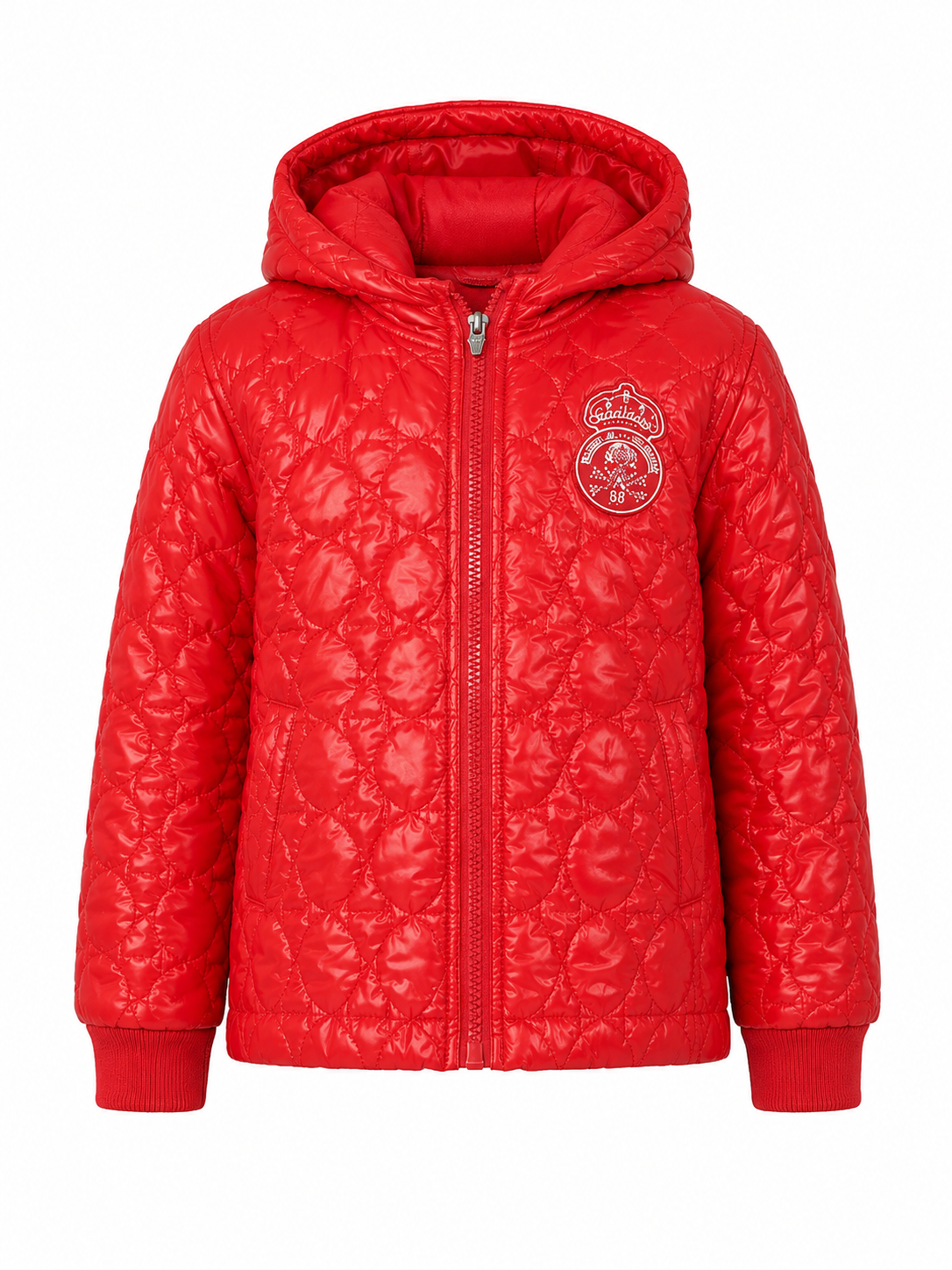  Rassa Kids Red Hooded Quilted Jacket in UK size 3–4 years. Stylish and cosy children's jacket with quilted design, hood and full zip fastening.