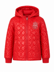  Rassa Kids Red Hooded Quilted Jacket in UK size 3–4 years. Stylish and cosy children's jacket with quilted design, hood and full zip fastening.