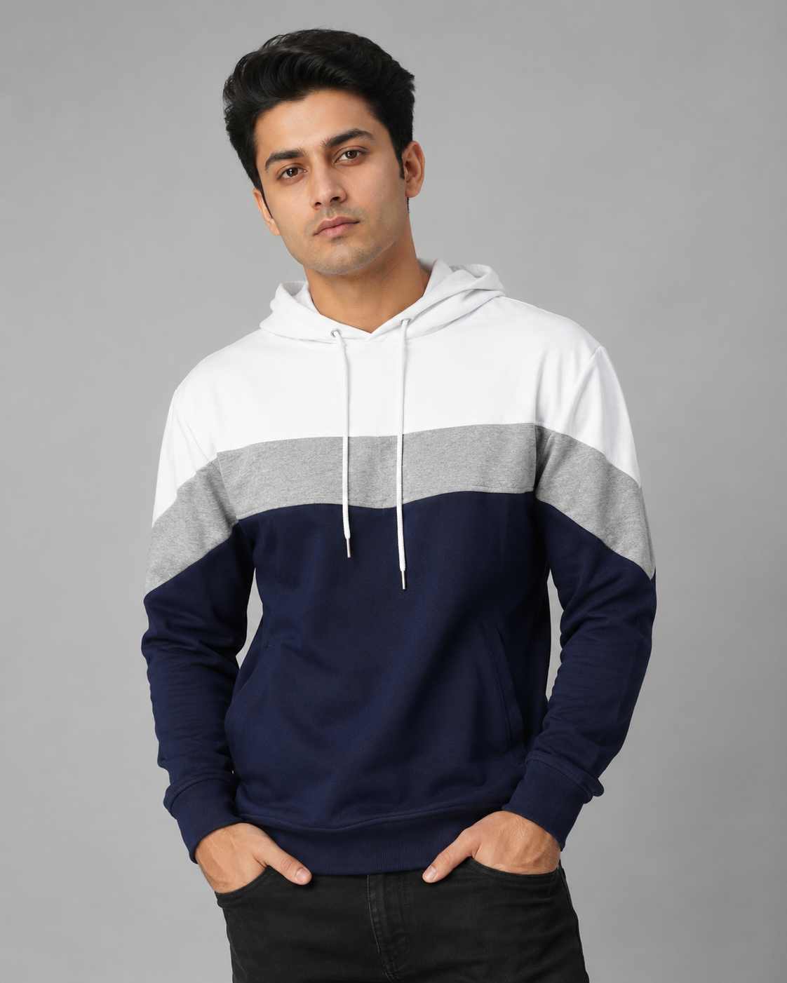   Re Served Labels Men’s Colour Block Hoodie in UK XL, featuring a stylish white, grey and navy design, drawstring hood, kangaroo pocket and comfortable casual fit.