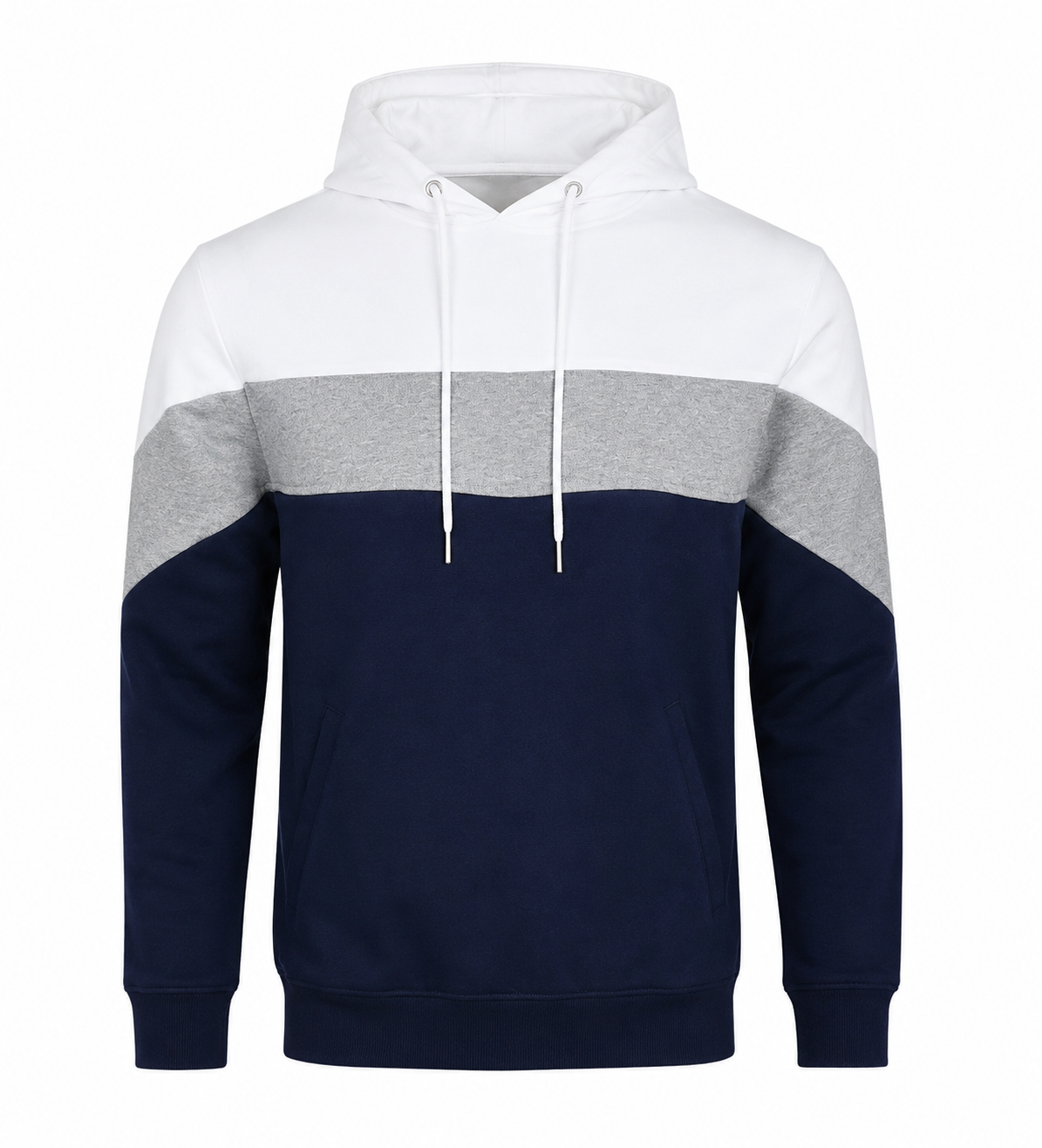   Re Served Labels Men’s Colour Block Hoodie in UK XL, featuring a stylish white, grey and navy design, drawstring hood, kangaroo pocket and comfortable casual fit.