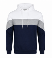   Re Served Labels Men’s Colour Block Hoodie in UK XL, featuring a stylish white, grey and navy design, drawstring hood, kangaroo pocket and comfortable casual fit.
