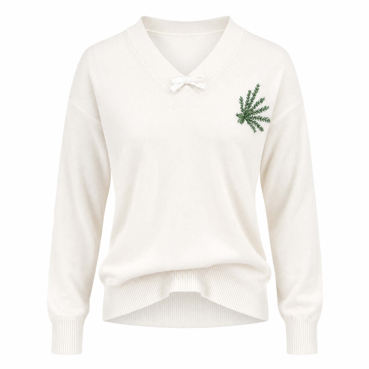  Re Served Labels women’s ivory V-neck knit sweater, UK size M, featuring long sleeves, ribbed details and green embroidery.