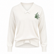  Re Served Labels women’s ivory V-neck knit sweater, UK size M, featuring long sleeves, ribbed details and green embroidery.