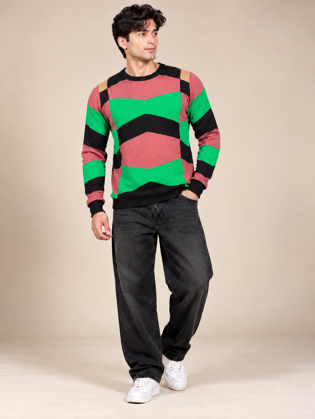 REBEL Men's Green & Pink Geometric Colour Block Jumper in UK Size M. Chest 19", length 26". Stylish crew neck knitwear for everyday wear.