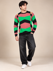 REBEL Men's Green & Pink Geometric Colour Block Jumper in UK Size M. Chest 19", length 26". Stylish crew neck knitwear for everyday wear.
