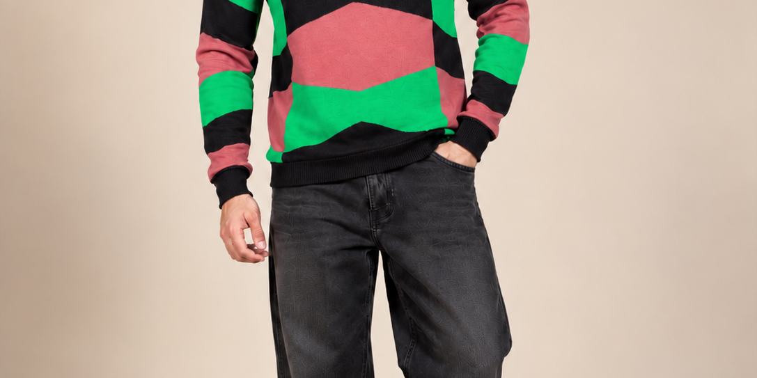 REBEL Men's Green & Pink Geometric Colour Block Jumper in UK Size M. Chest 19", length 26". Stylish crew neck knitwear for everyday wear.