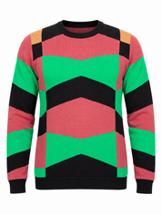 REBEL Men's Green & Pink Geometric Colour Block Jumper in UK Size M. Chest 19", length 26". Stylish crew neck knitwear for everyday wear.