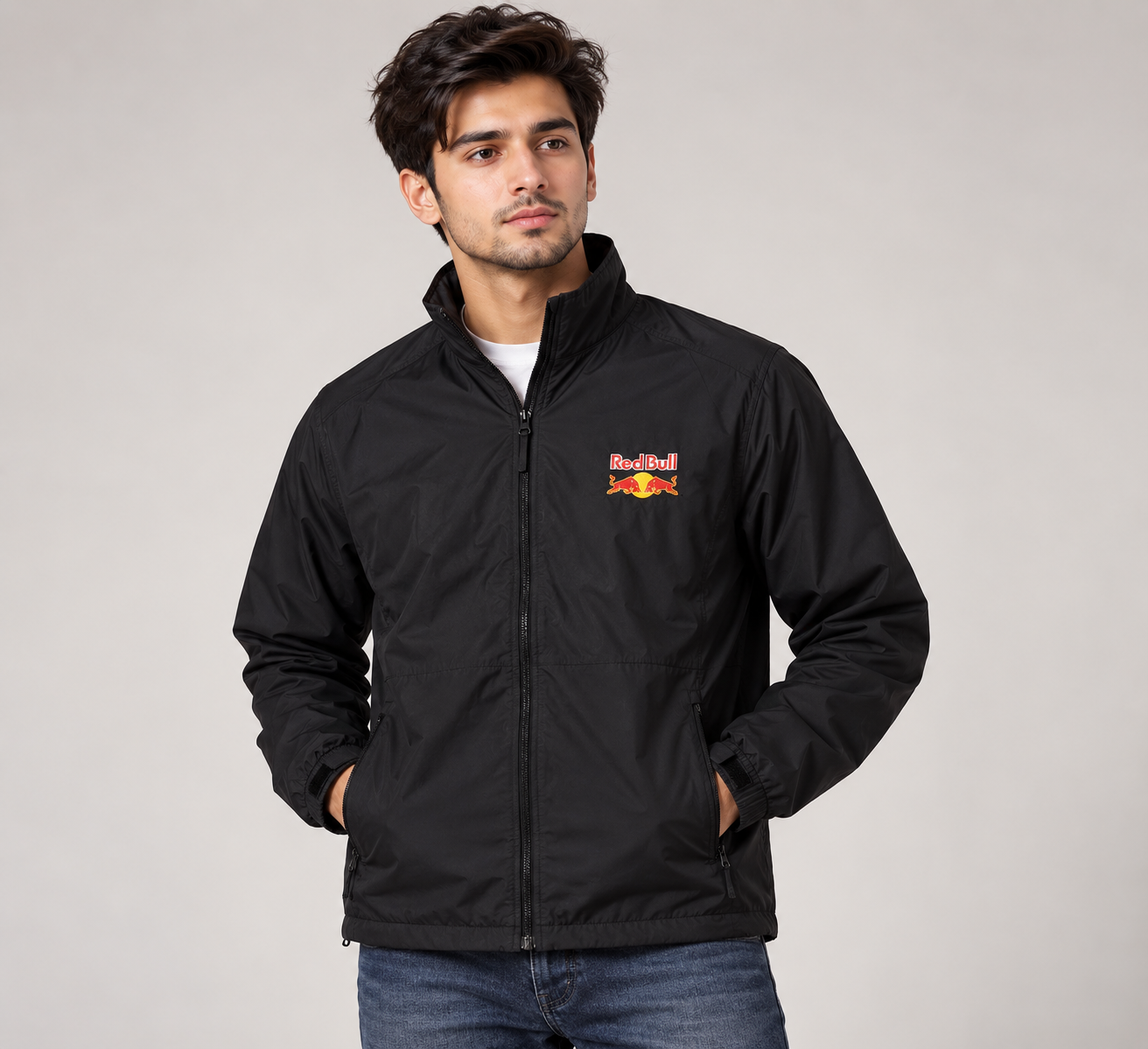 RED BULL Men’s Black Full Zip Jacket in UK Size L. Features a high collar, zipped pockets and iconic chest logo. Stylish everyday outerwear.