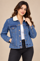 Red Herring Women Blue Denim Sherpa Collar Jacket