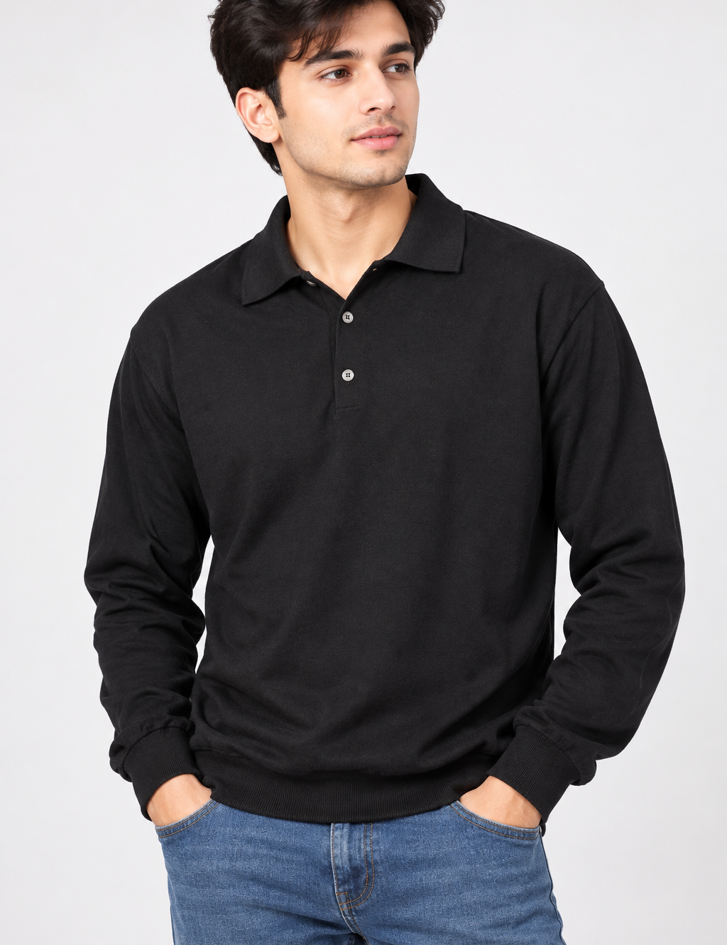 REED Men’s Black Long Sleeve Polo Sweatshirt in UK Size L. Classic polo collar, button detail and versatile smart-casual styling for everyday wear.