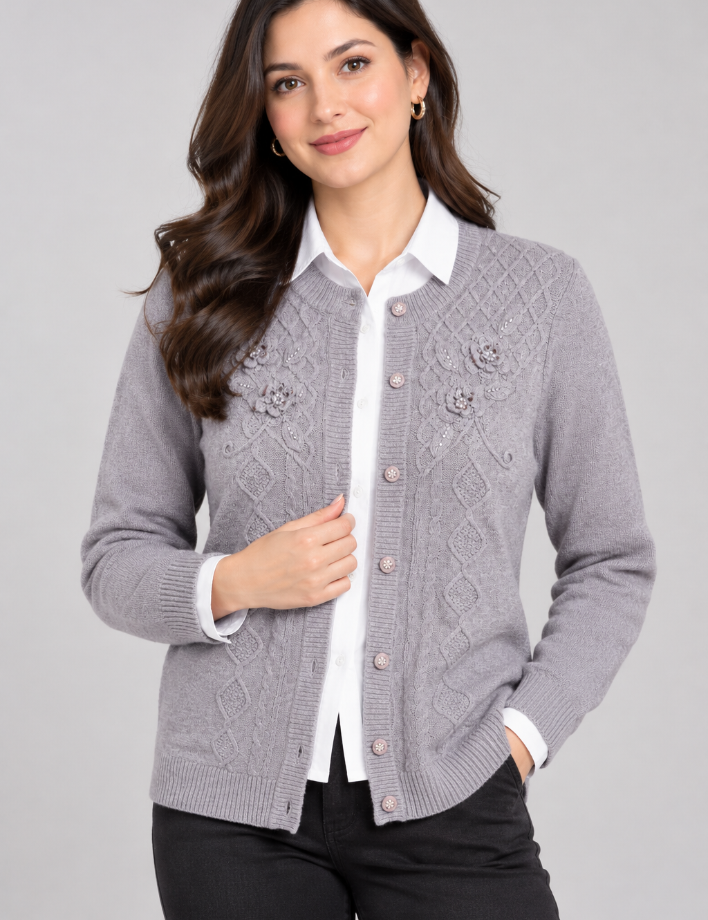 XL, featuring floral embroidery, cable-knit detailing, button front and ribbed trims.