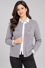 Reflect Women Grey Lilac Embroidered Knit Cardigan