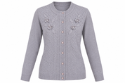 Reflect women's grey lilac knitted cardigan in UK L/XL, featuring floral embroidery, cable-knit detailing, button front and ribbed trims.