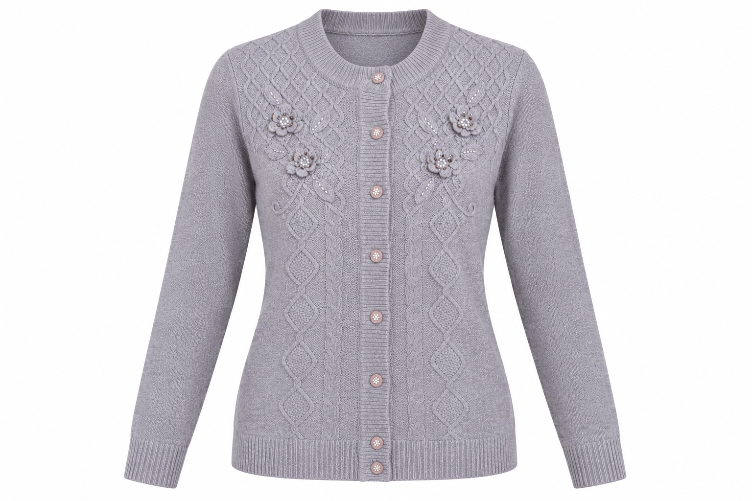 XL, featuring floral embroidery, cable-knit detailing, button front and ribbed trims.