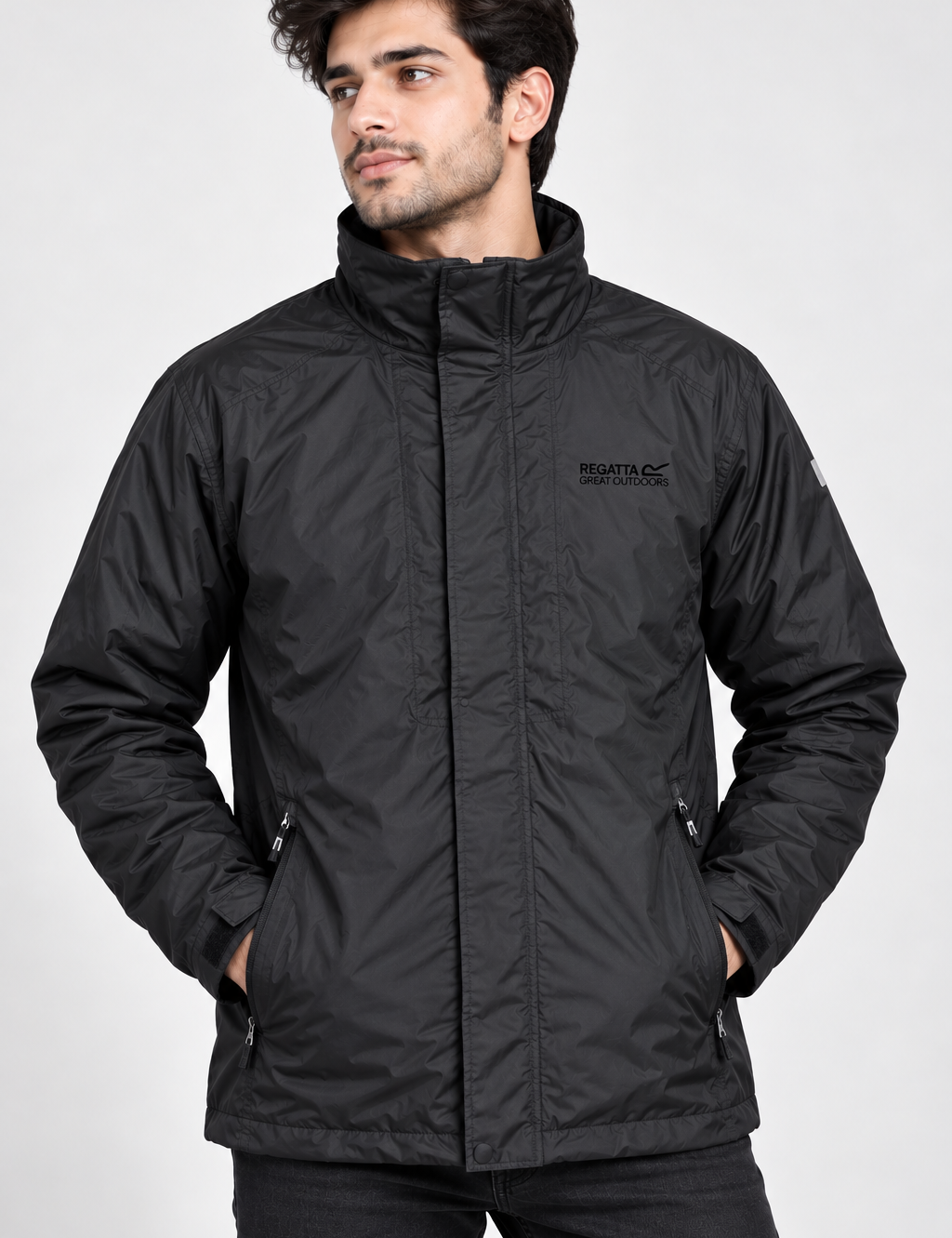 REGATTA Men’s Black Outdoor Jacket in UK Size L. Lightweight design with high collar, zipped pockets and classic outdoor styling for everyday wear.