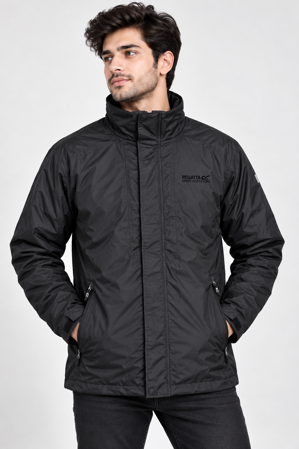 REGATTA Men’s Black Outdoor Jacket in UK Size L. Lightweight design with high collar, zipped pockets and classic outdoor styling for everyday wear.