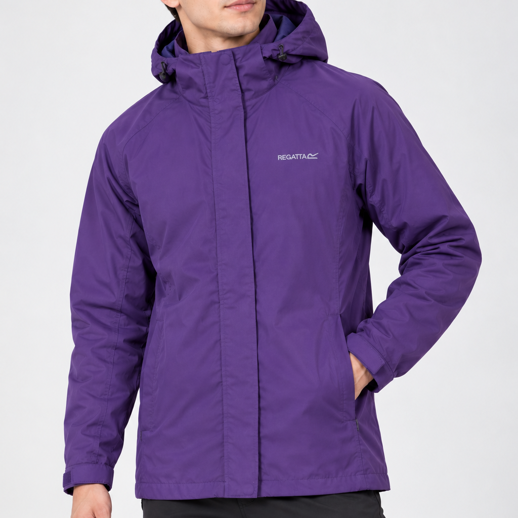  Regatta men’s purple hooded waterproof jacket in UK size 14. Full-sleeve outdoor rain coat with adjustable hood and cuffs, ideal for walking and hiking.