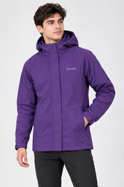  Regatta men’s purple hooded waterproof jacket in UK size 14. Full-sleeve outdoor rain coat with adjustable hood and cuffs, ideal for walking and hiking.