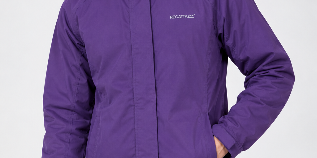  Regatta men’s purple hooded waterproof jacket in UK size 14. Full-sleeve outdoor rain coat with adjustable hood and cuffs, ideal for walking and hiking.