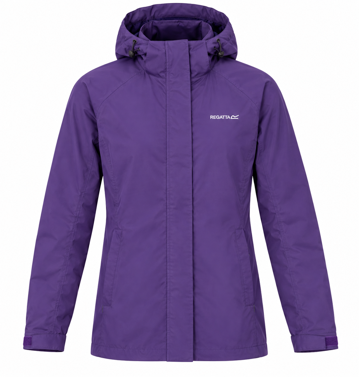  Regatta men’s purple hooded waterproof jacket in UK size 14. Full-sleeve outdoor rain coat with adjustable hood and cuffs, ideal for walking and hiking.