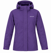  Regatta men’s purple hooded waterproof jacket in UK size 14. Full-sleeve outdoor rain coat with adjustable hood and cuffs, ideal for walking and hiking.
