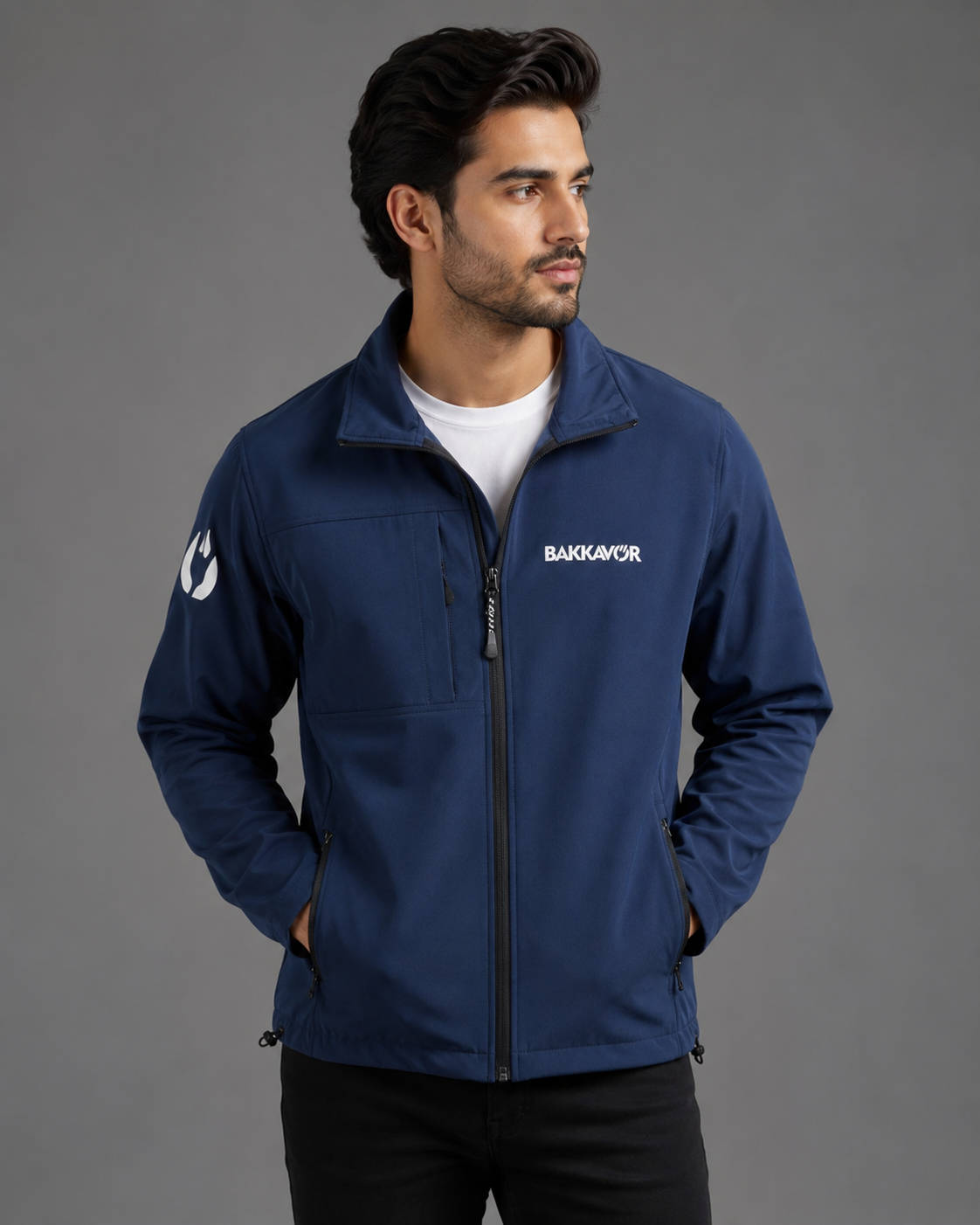  REGATTA Men's Navy Softshell Jacket featuring a full-zip design, wind-resistant fabric, secure zip pockets, and lightweight comfort for outdoor and everyday wear.