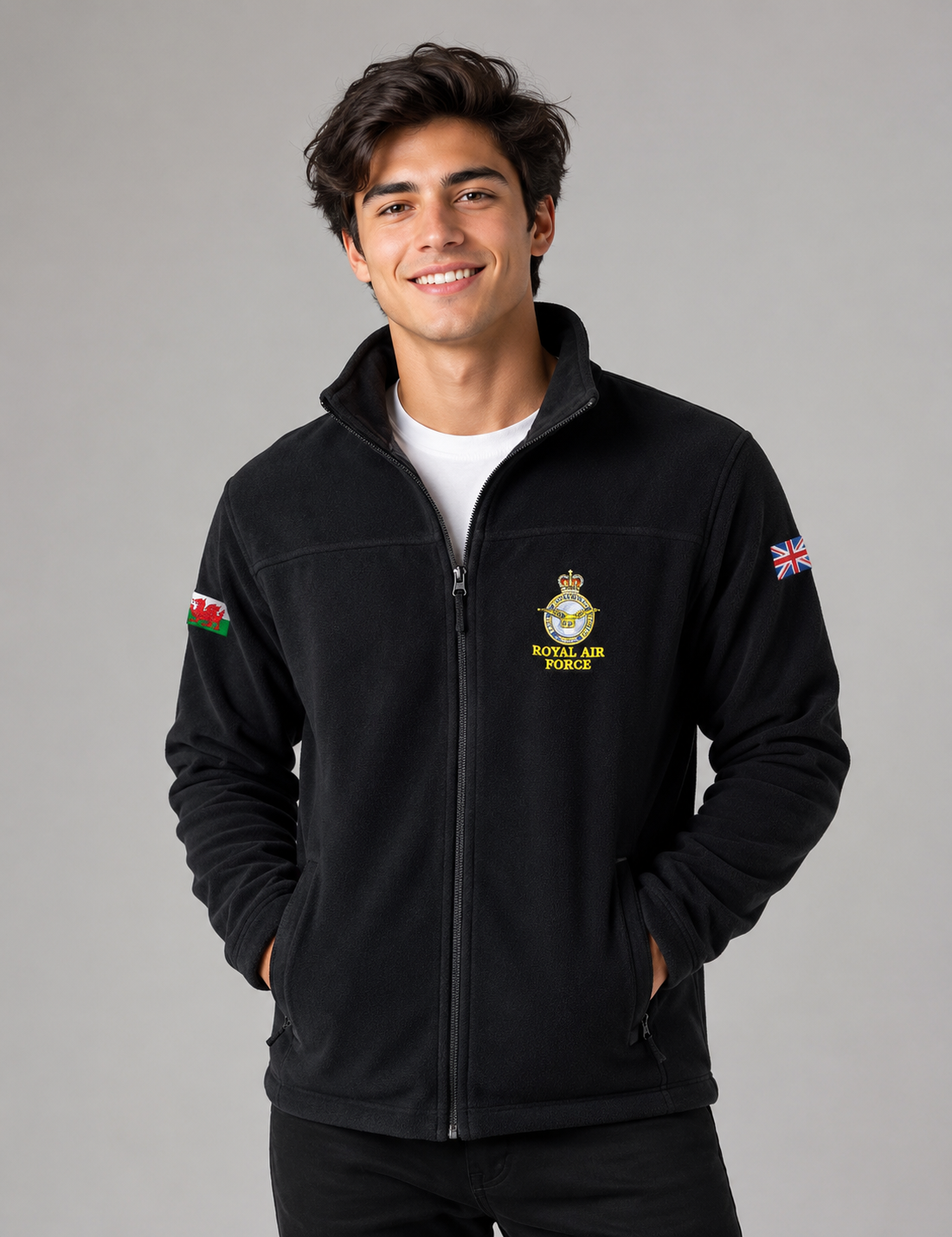 Regatta Royal Air Force Black Full Zip Fleece Jacket featuring an embroidered RAF crest, premium fleece fabric, zipped pockets, and a comfortable regular fit. Perfect for outdoor adventures, travel, and everyday casual wear.