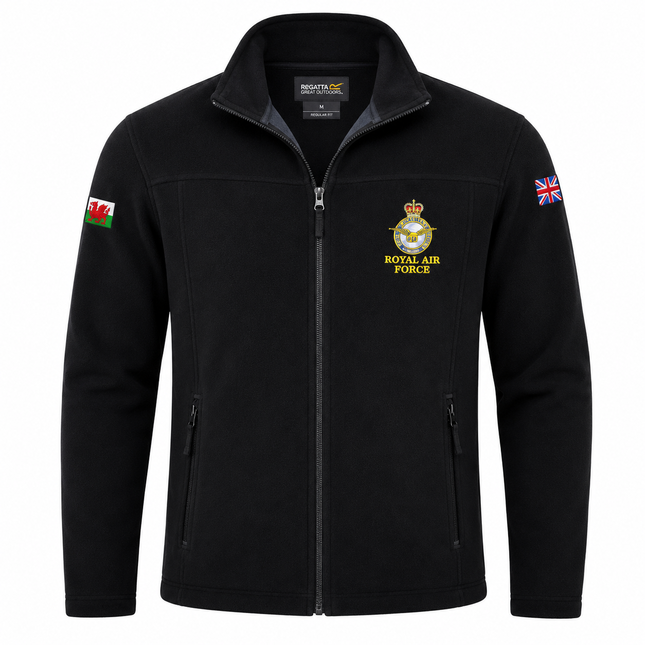 Regatta Royal Air Force Black Full Zip Fleece Jacket featuring an embroidered RAF crest, premium fleece fabric, zipped pockets, and a comfortable regular fit. Perfect for outdoor adventures, travel, and everyday casual wear.