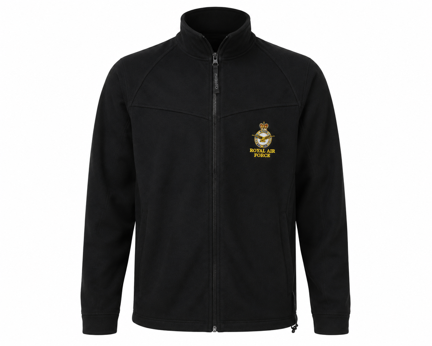 Regatta Royal Air Force Black Full Zip Jacket featuring an embroidered RAF crest, premium fleece fabric, zipped pockets, and a comfortable regular fit. Perfect for outdoor adventures, travel, and everyday casual wear.