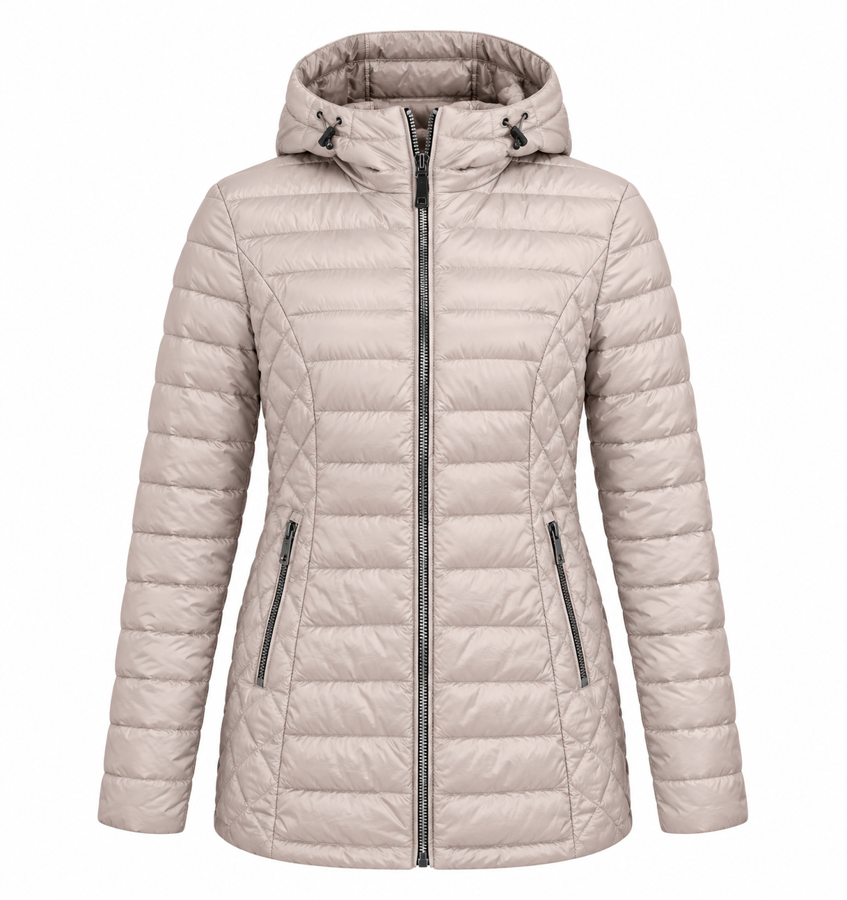 Regatta women’s quilted hooded puffer jacket in beige, UK size L. Warm padded design with full zip, hood and practical zipped pockets.