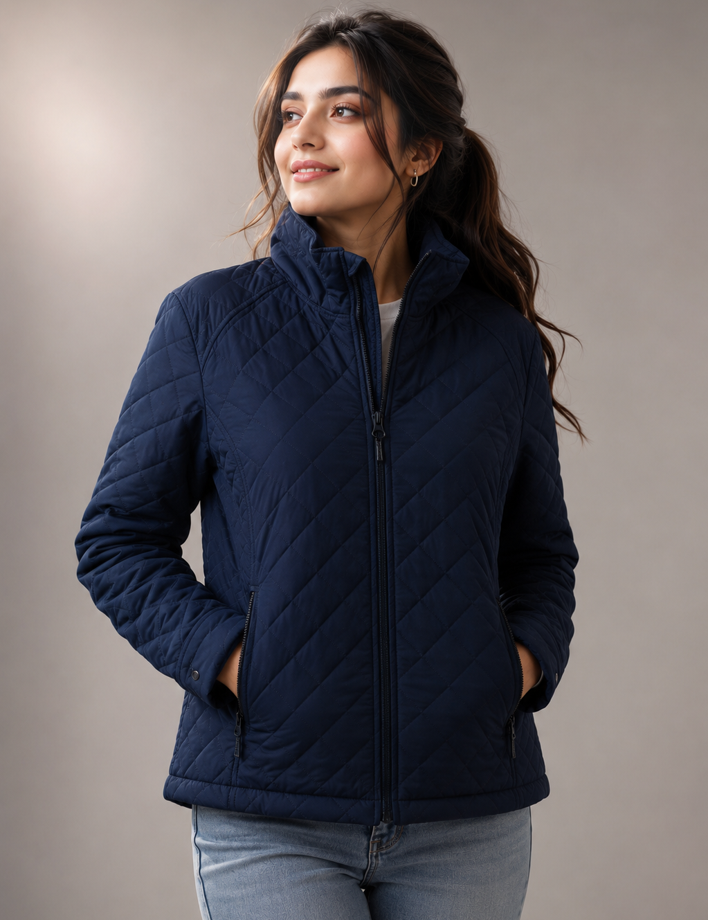 Regatta women's navy blue quilted jacket, UK size 14. Full zip, quilted design, high collar and zipped pockets. Stylish everyday outerwear.