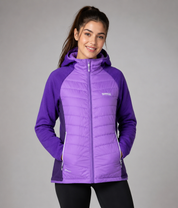  Regatta Women's Purple Hooded Quilted Hybrid Jacket featuring lightweight insulation, a warm hood, zipped pockets, and a comfortable fit. Perfect for outdoor adventures, walking, hiking, and everyday winter wear.