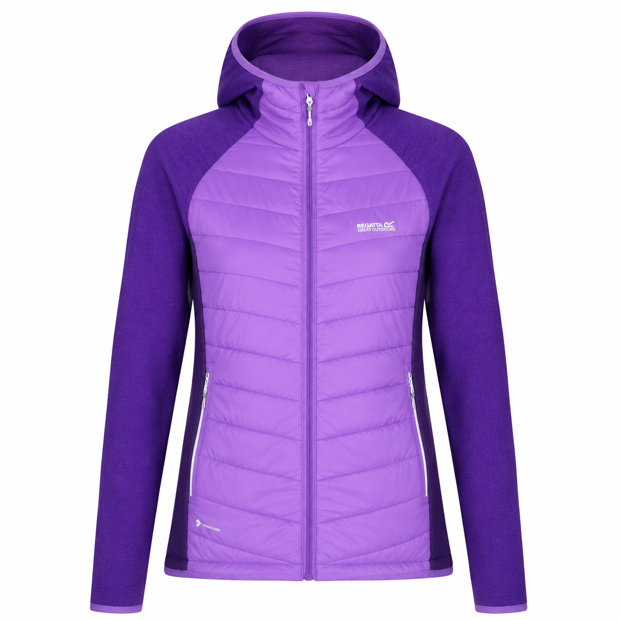  Regatta Women's Purple Hooded Quilted Hybrid Jacket featuring lightweight insulation, a warm hood, zipped pockets, and a comfortable fit. Perfect for outdoor adventures, walking, hiking, and everyday winter wear.