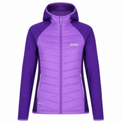  Regatta Women's Purple Hooded Quilted Hybrid Jacket featuring lightweight insulation, a warm hood, zipped pockets, and a comfortable fit. Perfect for outdoor adventures, walking, hiking, and everyday winter wear.