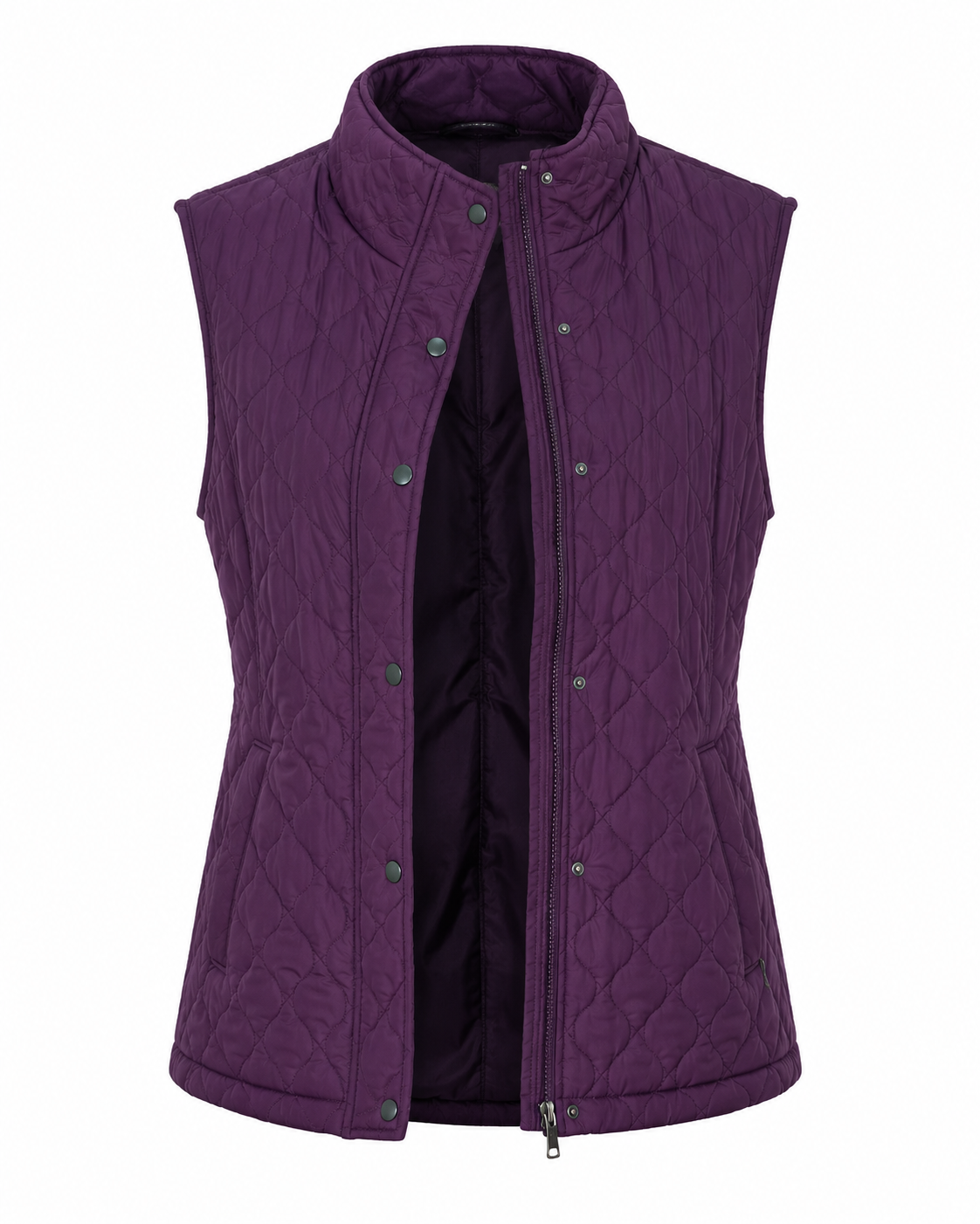 REGATTA Women's Purple Quilted Gilet in UK Size 14. Stylish padded sleeveless waistcoat with zip fastening, snap buttons, pockets and a versatile plum-purple finish.