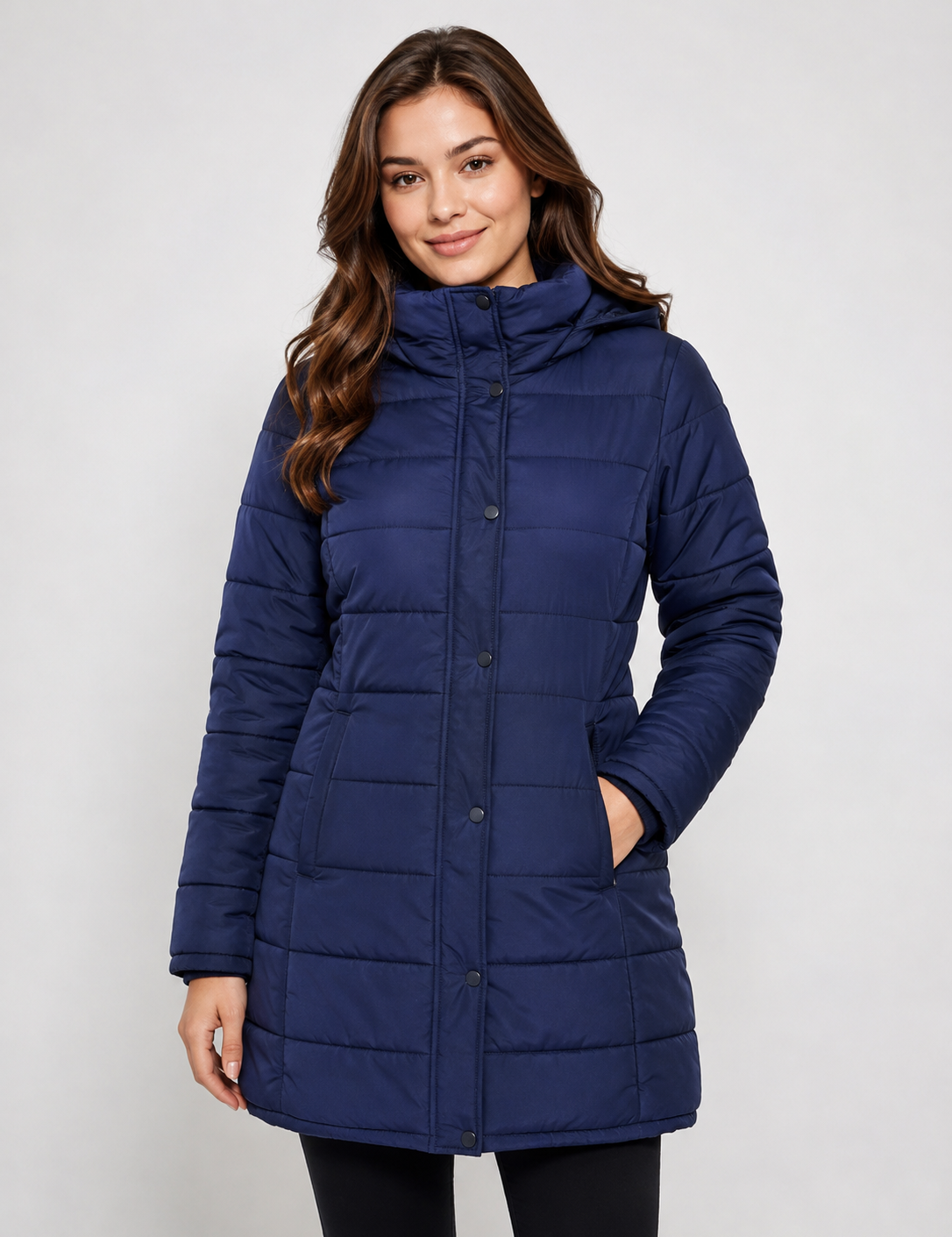  Regatta women’s royal dark blue padded coat, UK size 16, featuring a versatile 2-in-1 collar and hood design for stylish warmth and everyday comfort.
