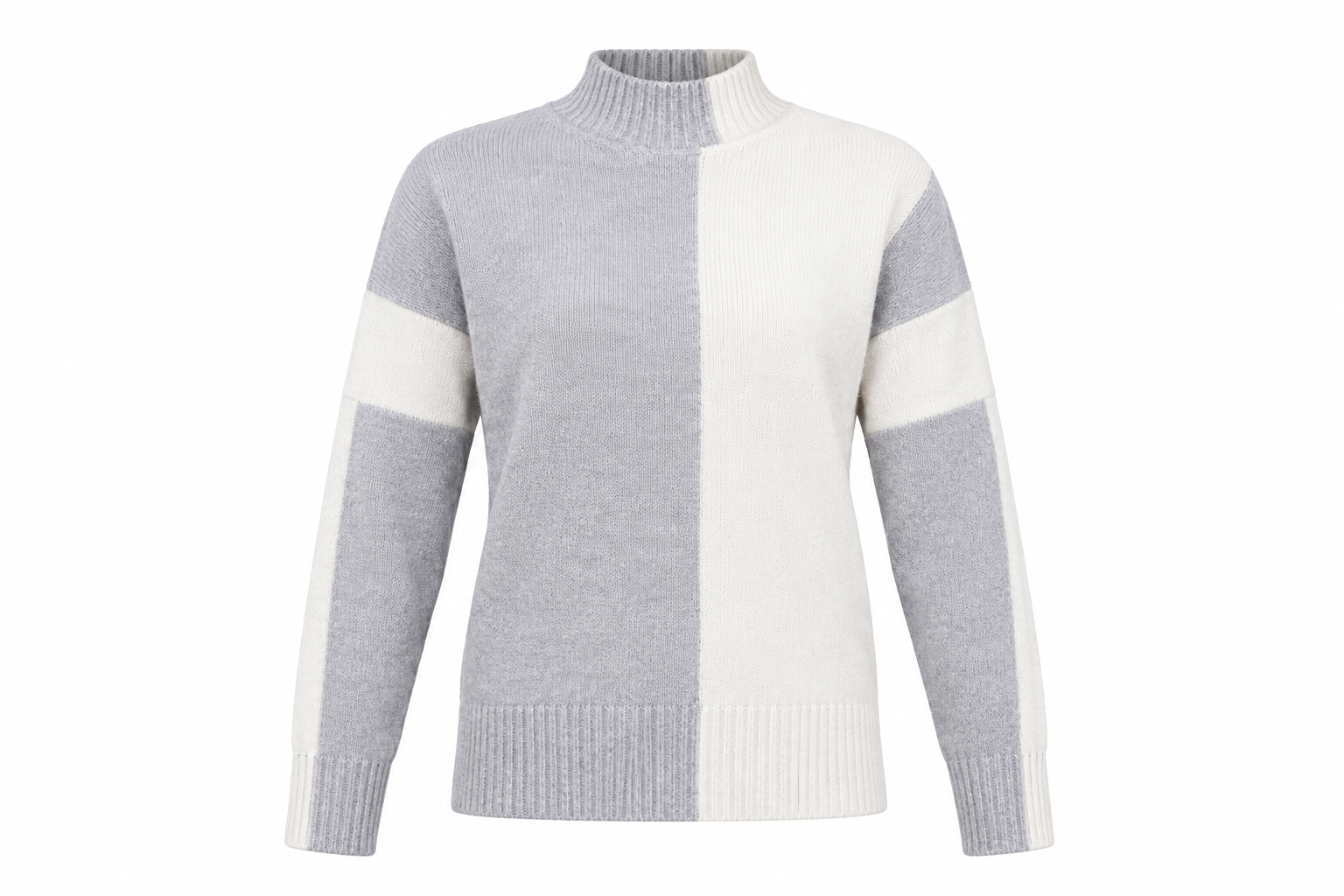  Reiss women’s grey and cream colour block knit sweater in UK size M. Stylish long-sleeve jumper with ribbed details, perfect for casual and smart-casual outfits.