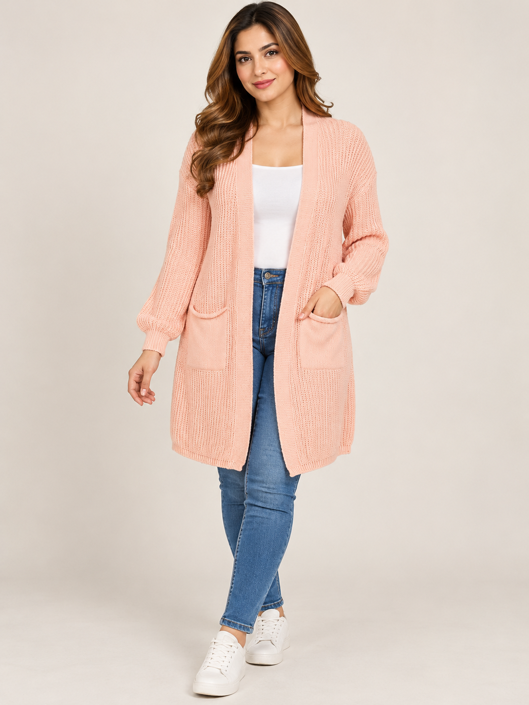 Remel London Women's Peach Pink Chunky Knit Long Cardigan in UK Size M. Stylish open-front design with pockets, perfect for casual layering.