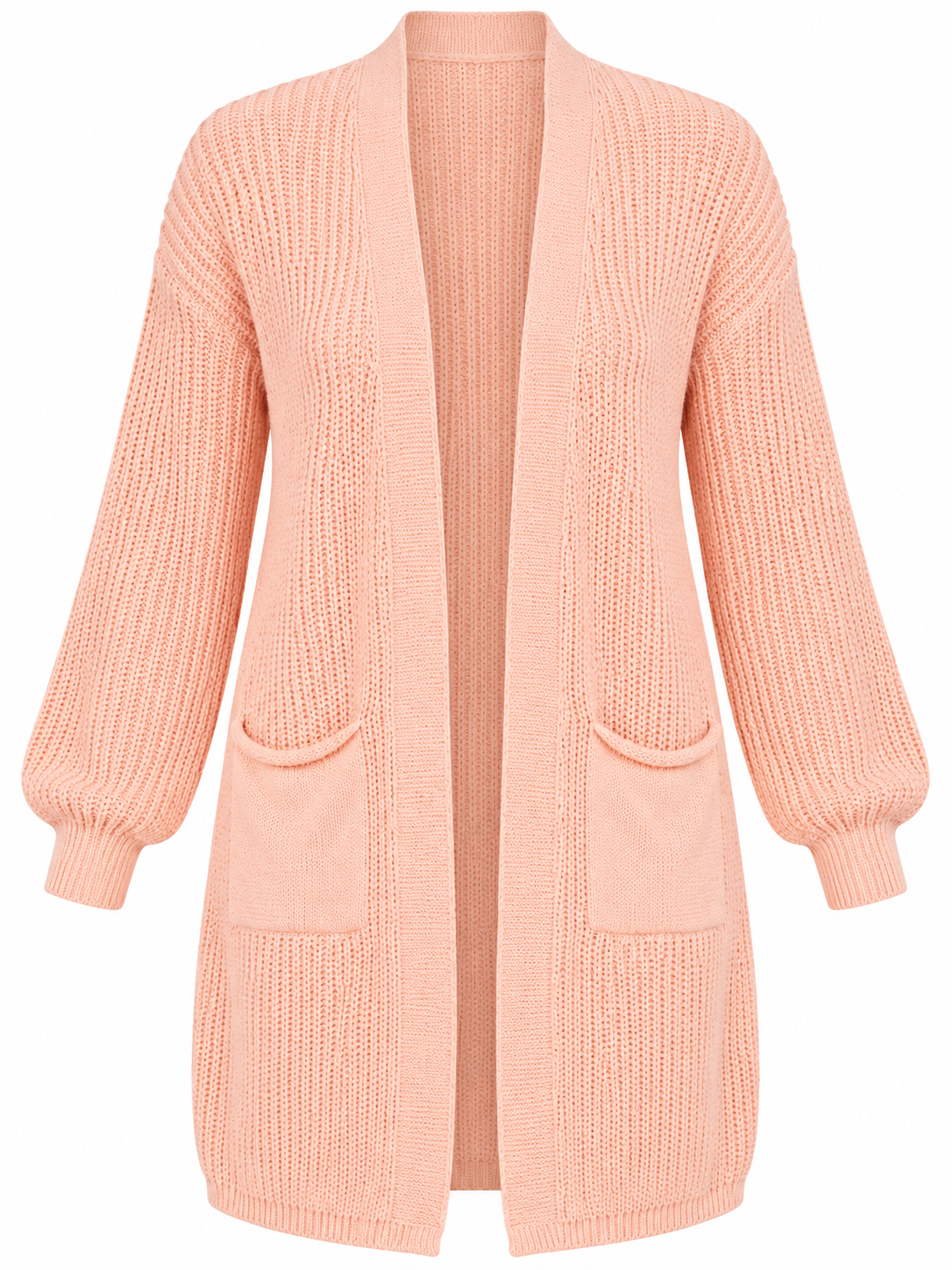 Remel London Women's Peach Pink Chunky Knit Long Cardigan in UK Size M. Stylish open-front design with pockets, perfect for casual layering.