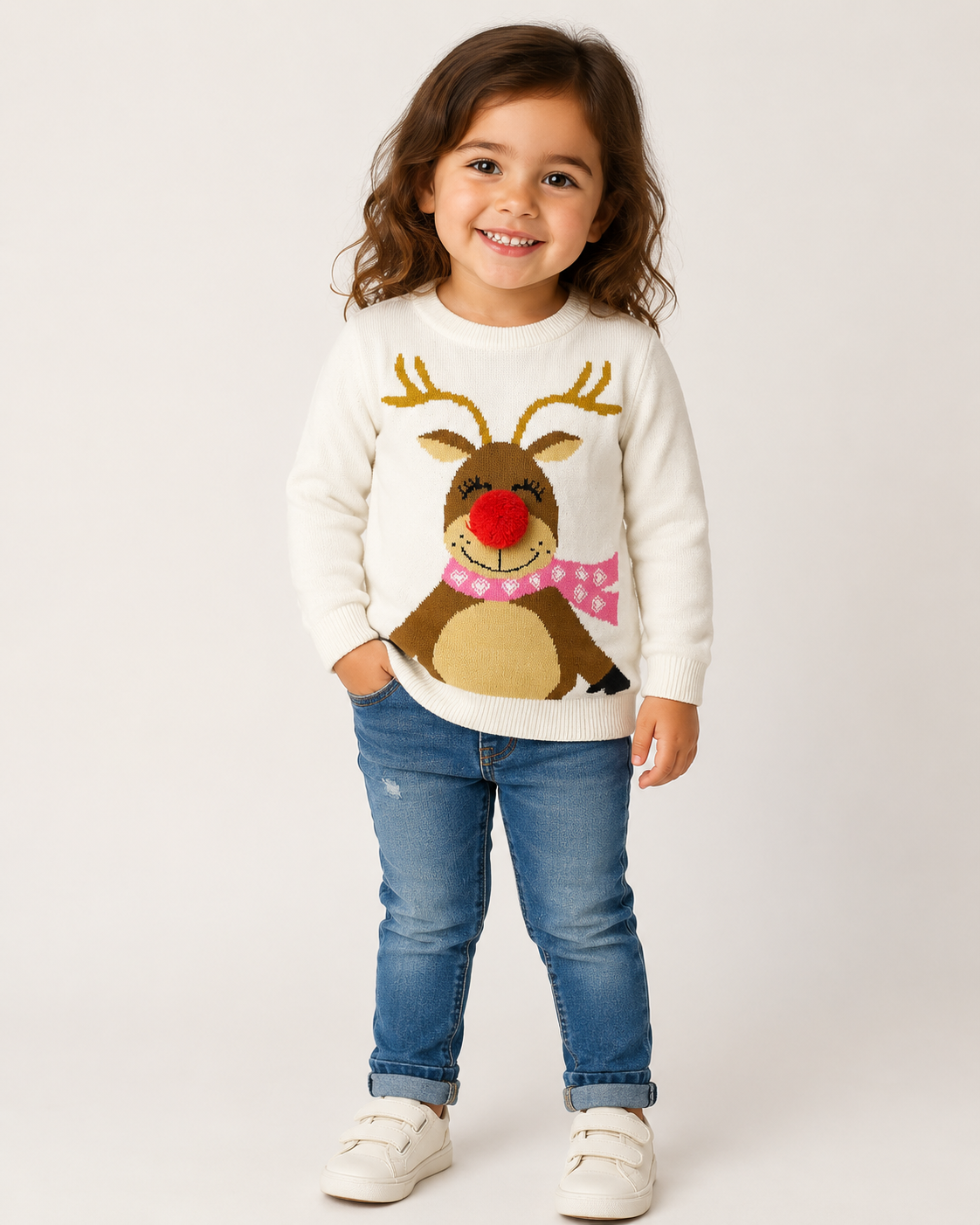  the Reserved Label girls cream reindeer Christmas jumper in UK size 5-6 years. Featuring a cute festive design, pink scarf and fluffy red pom-pom nose.