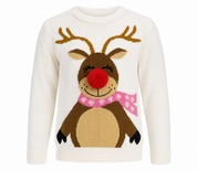  the Reserved Label girls cream reindeer Christmas jumper in UK size 5-6 years. Featuring a cute festive design, pink scarf and fluffy red pom-pom nose.