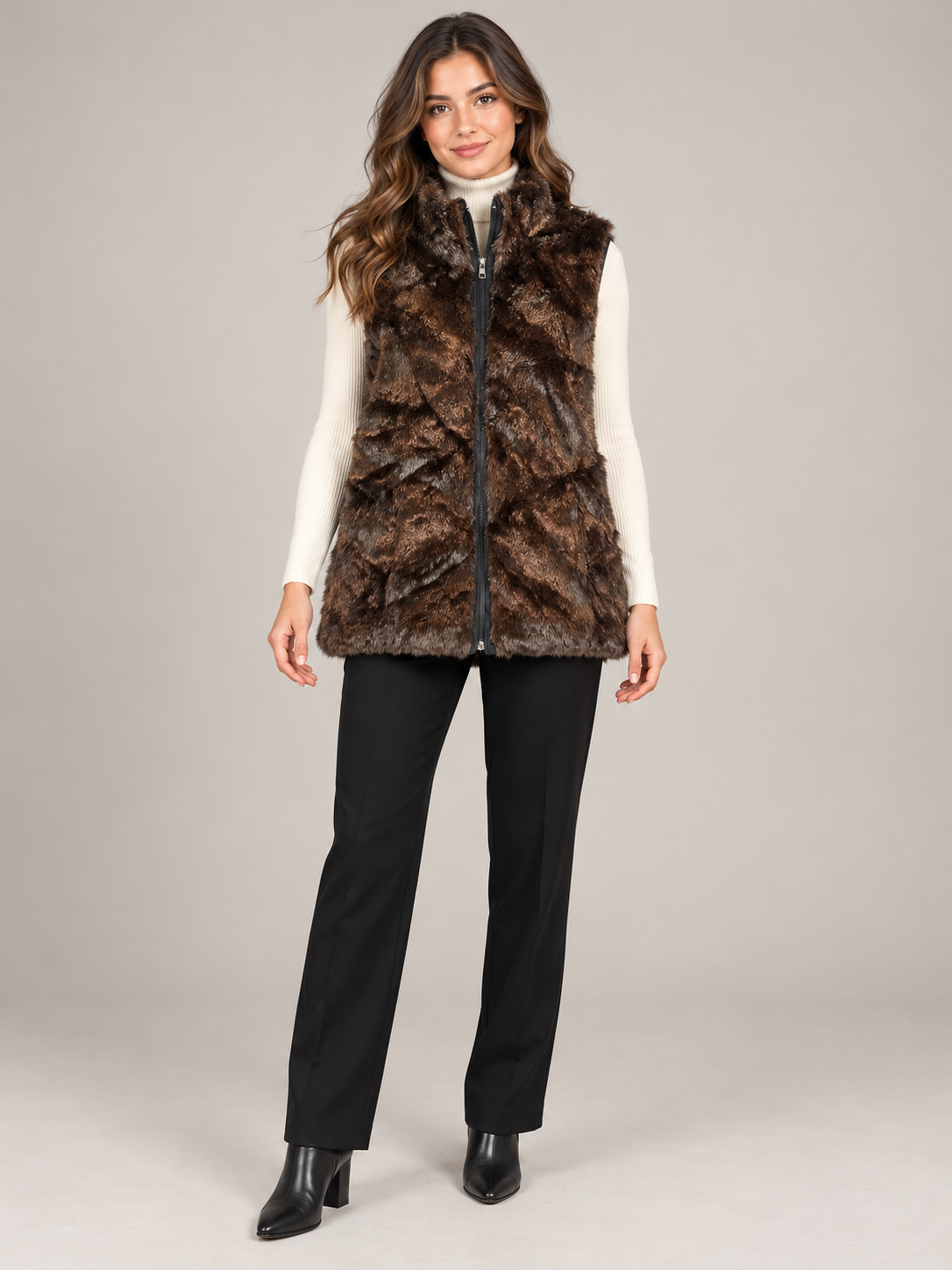  Reserved Label women’s brown faux fur gilet in UK M. A plush sleeveless layer with a stand collar and zip front for autumn and winter outfits.